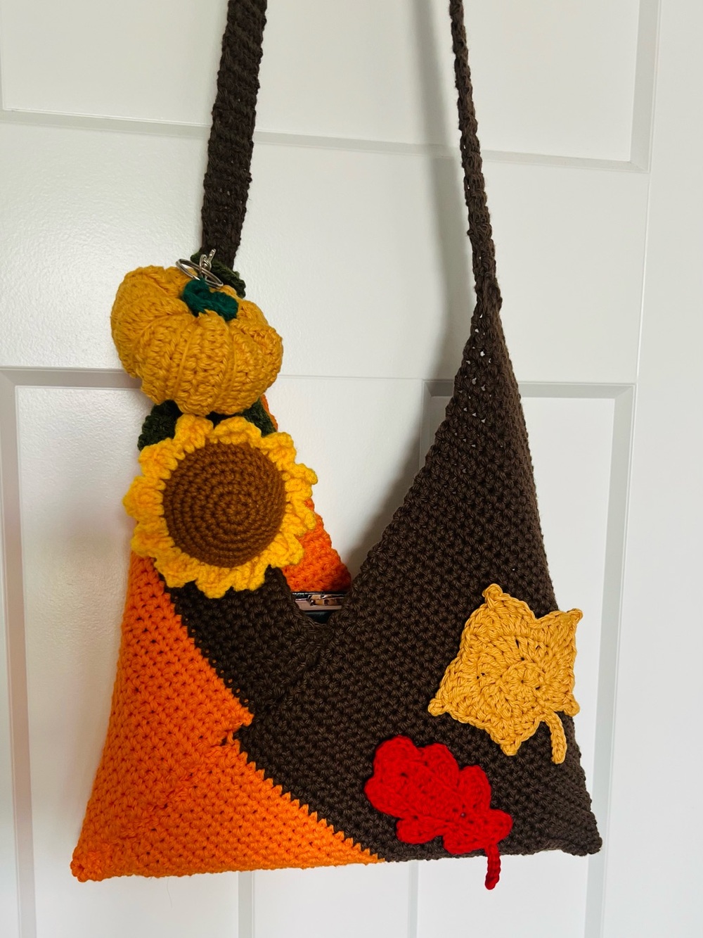Handmade Brown & Orange Crochet Shoulder Bag with Autumn Motifs